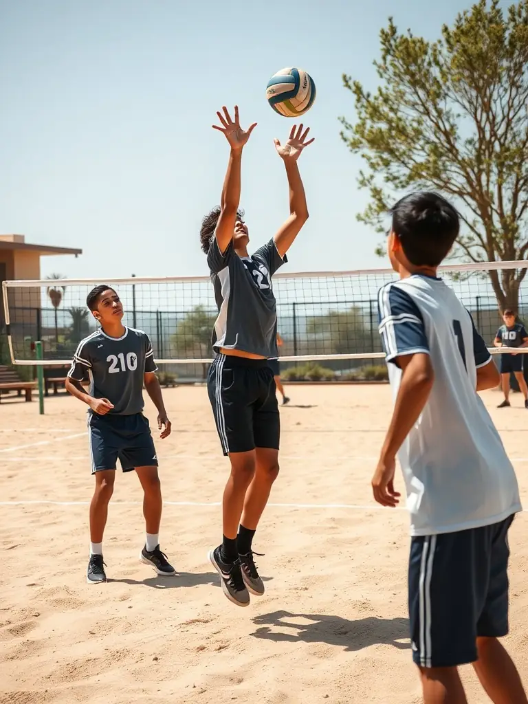 A group of students engaged in a volleyball match, demonstrating coordination and collaboration.