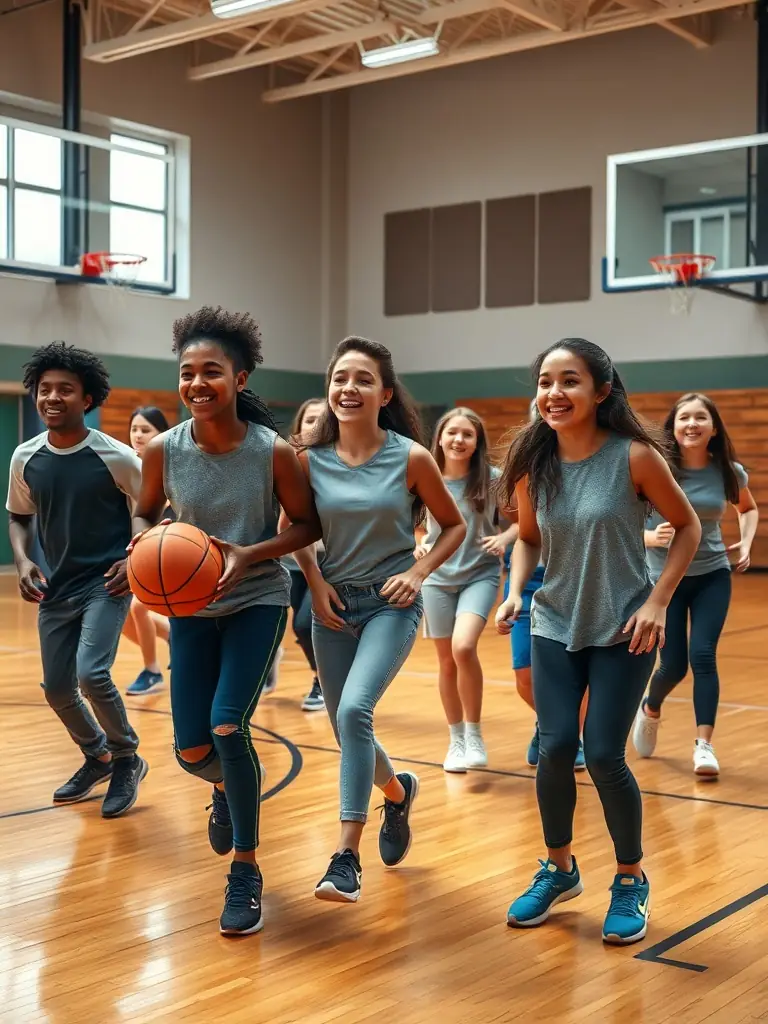 A group of students playing basketball in the school gymnasium, focusing on teamwork and coordination.