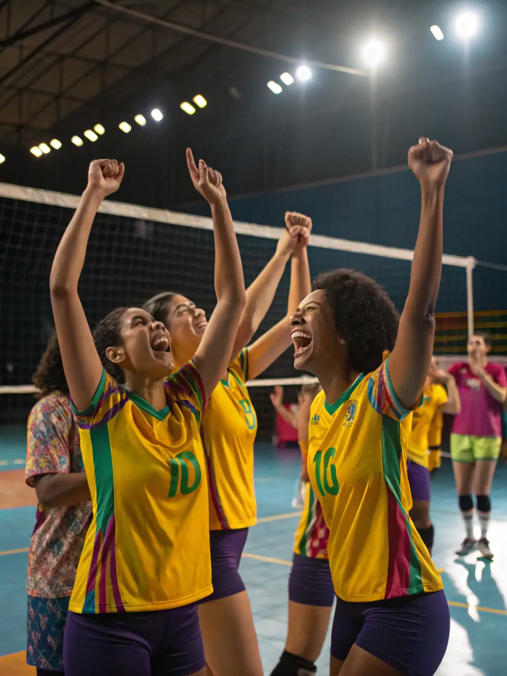 A group of students laughing and high-fiving after a successful volleyball game, showcasing teamwork and camaraderie within ASSOCIATION SPORTIVE DU COLLEGE D'ENSEIGNEMENT SECONDAIRE.