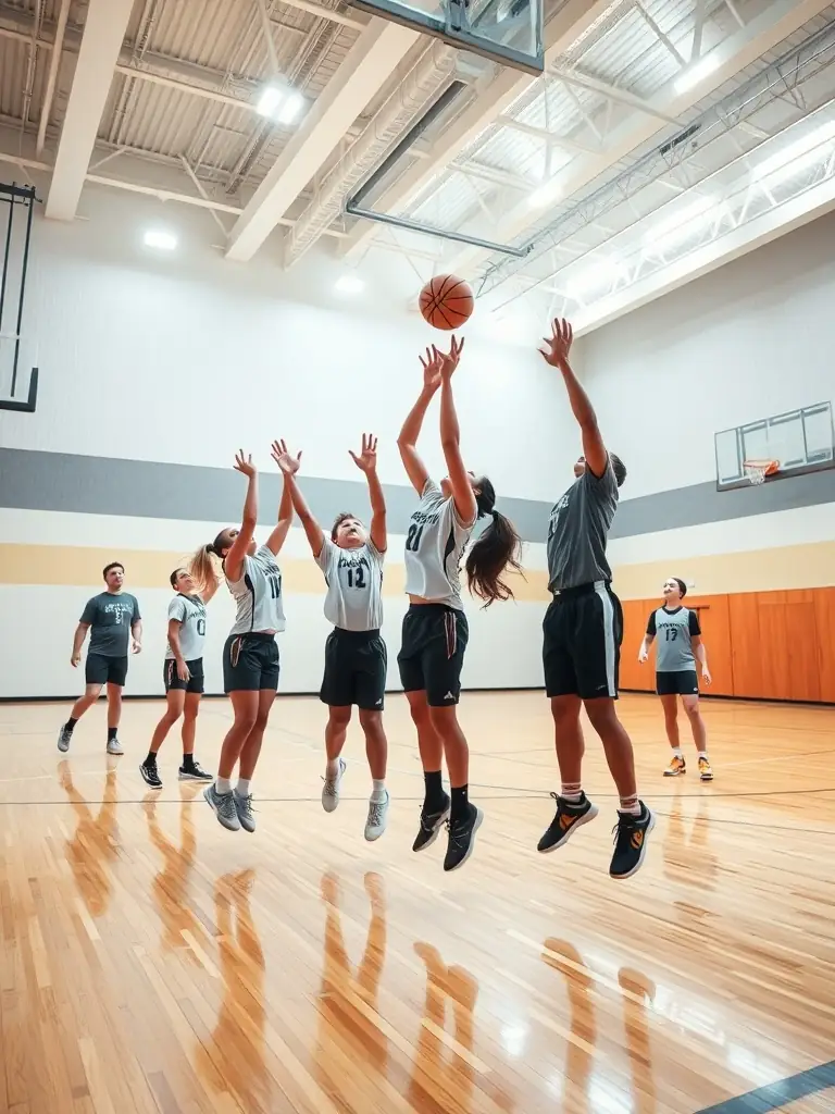 A dynamic image of students playing basketball in a school gymnasium, emphasizing teamwork and sportsmanship.
