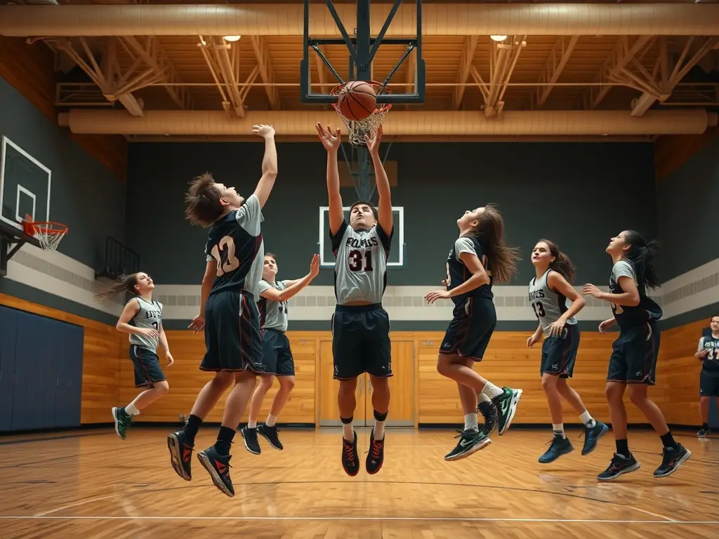 An image of students playing basketball in the school gymnasium, highlighting the fast-paced action and collaborative spirit of the sport.