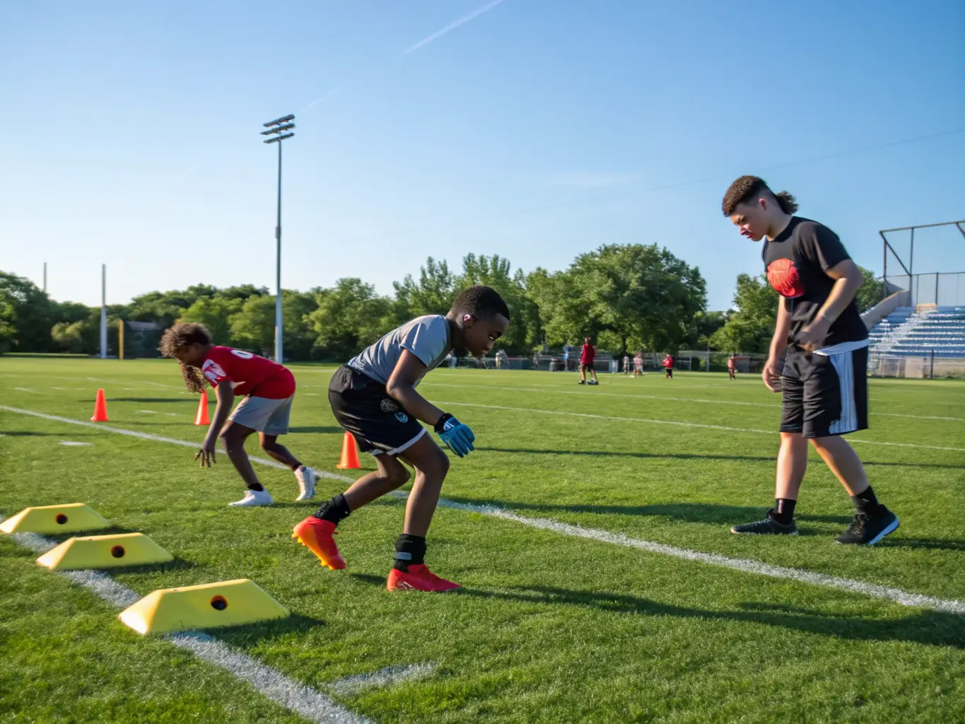 A vibrant image of students participating in a football training session on the school field, showcasing teamwork and active engagement.